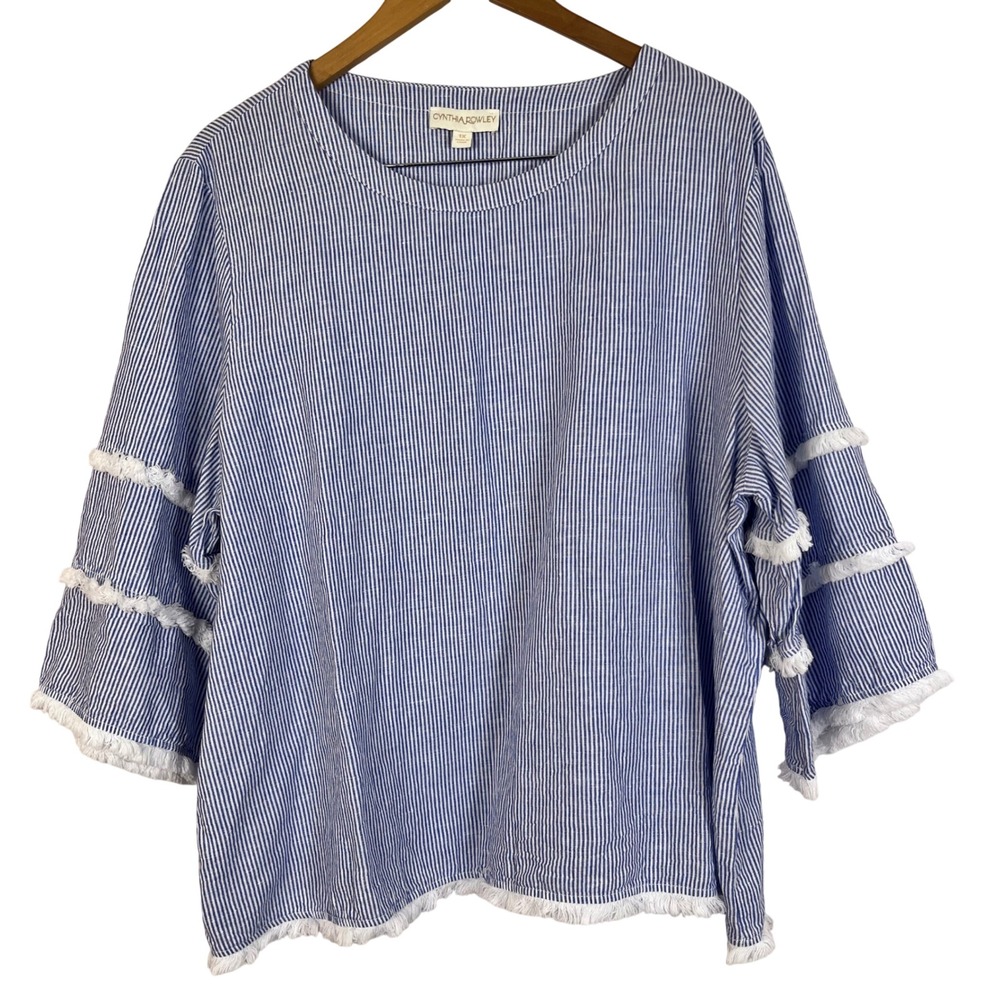 Cynthia Rowley‎ Linen Cotton Stripe Ruffle Sleeve Fringe Top Size 1X (F694)